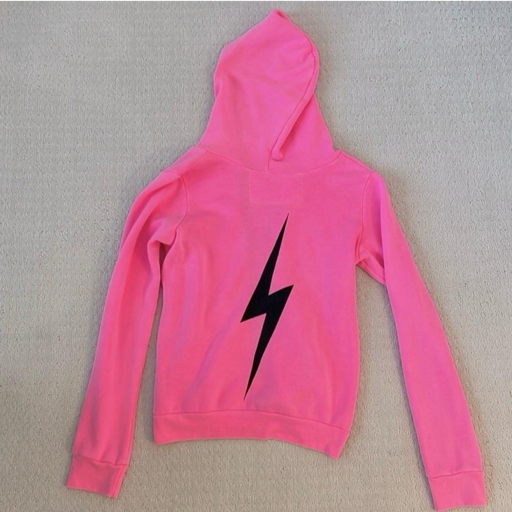NWT Aviator Nation Neon Pink Hoodie Black Bolt Kids Size 14 XS